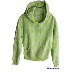 Champion Reverse Weave Bubble Letter Logo Green Hoodie Rib Trim Size Med…